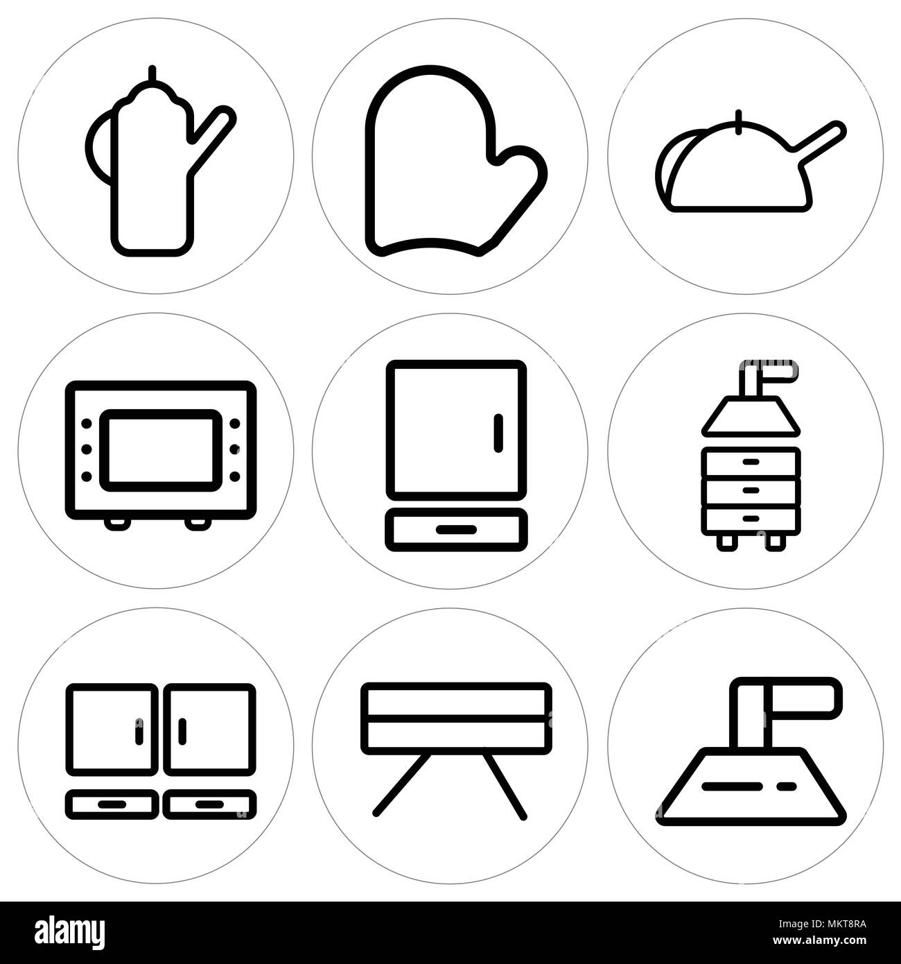 Set Of 9 simple editable icons such as Extractor hood, Table, Cabinet, Microwave oven, Kettle, Mitten, can be used for mobile, web Stock Vector