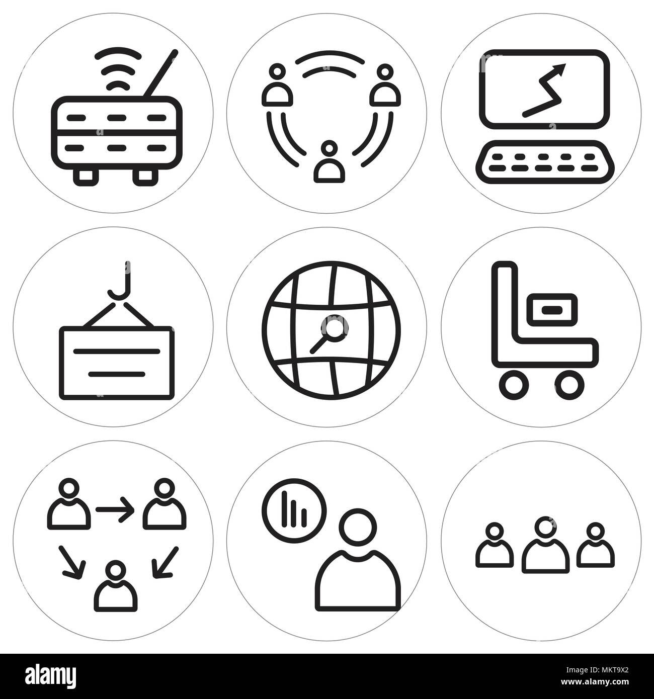 Set Of 9 simple editable icons such as Team, Presentation, Network, Shipping, Search, Container, Laptop, Teamwork, Router, can be used for mobile, web Stock Vector
