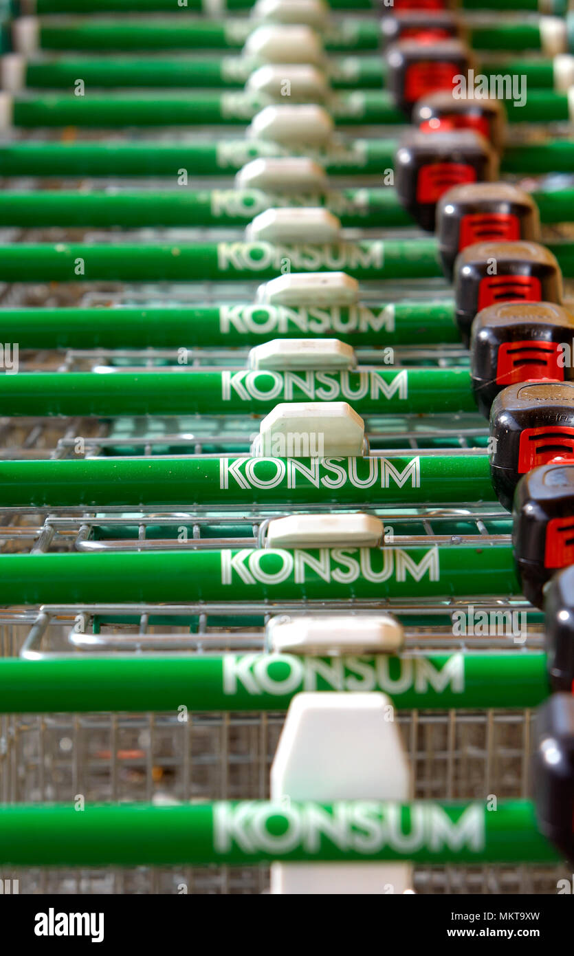Trosa, Sweden - September 15, 2012: Shopping carts lined up in a row ready for customers, at the Konsum store in Trosa. Stock Photo