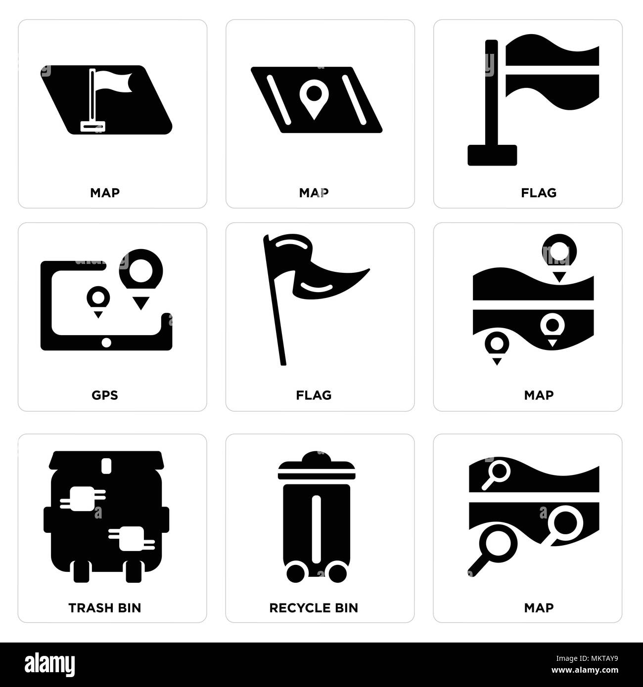 Set Of 9 simple editable icons such as Map, Recycle bin, Trash Flag, Gps, can be used for mobile, web Stock Vector