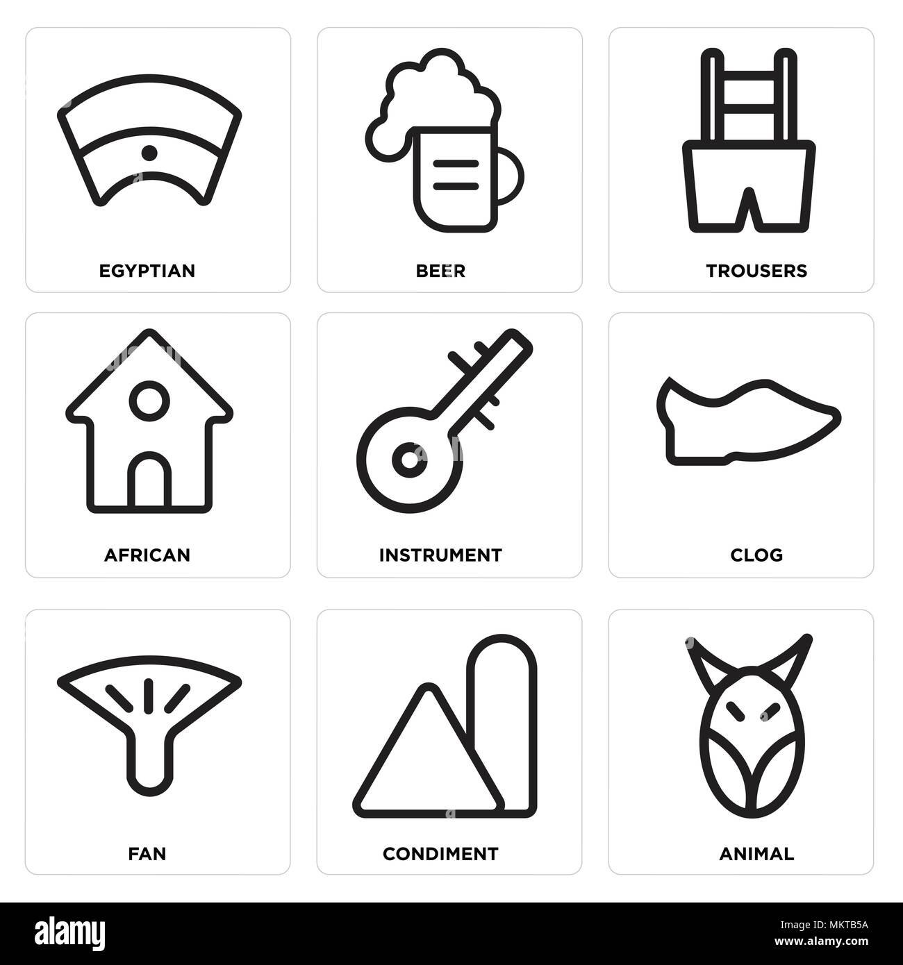 Set Of 9 simple editable icons such as Animal, Condiment, Fan, Clog, Instrument, African, Trousers, Beer, Egyptian, can be used for mobile, web Stock Vector