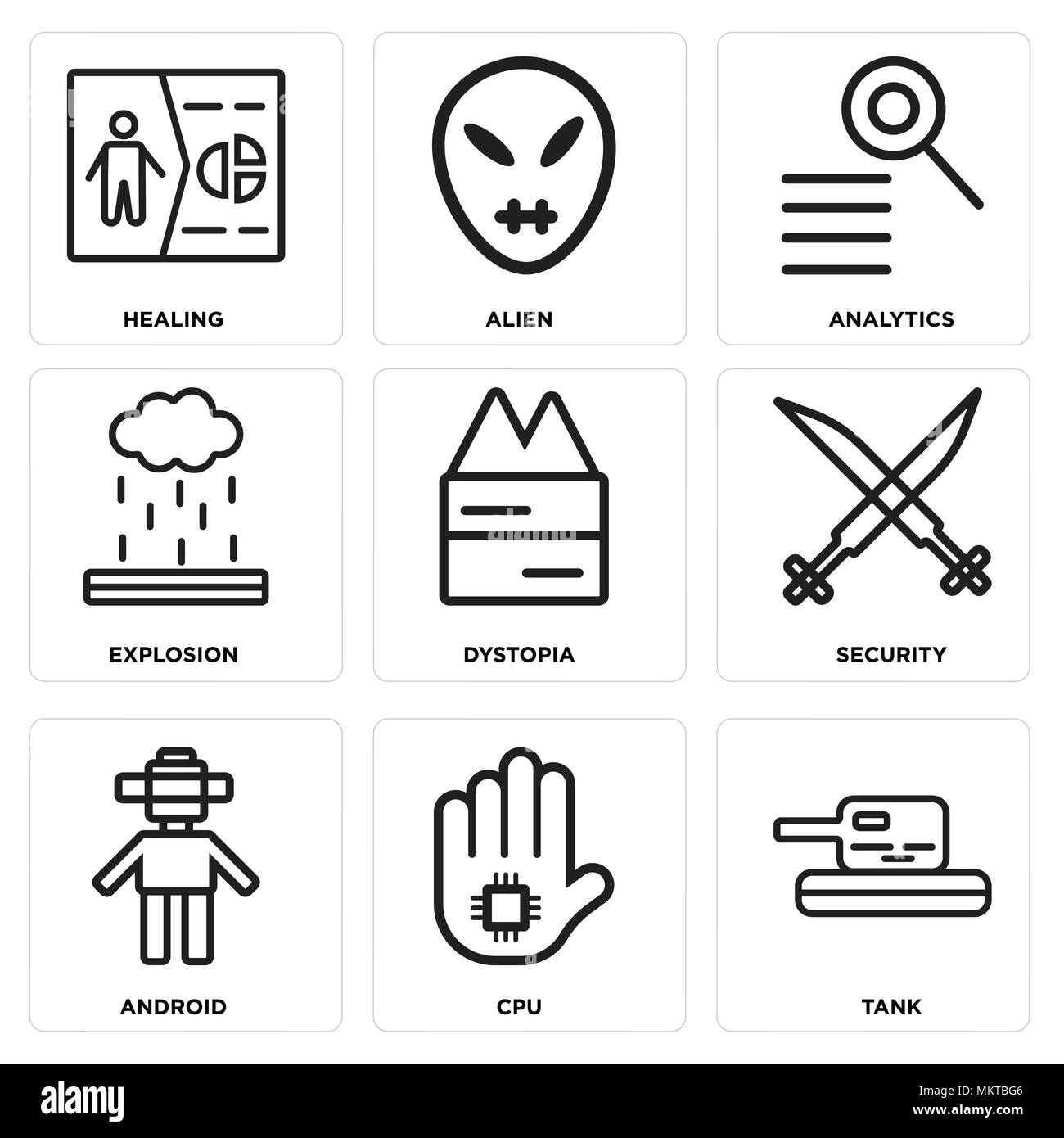 Set Of 9 simple editable icons such as Tank, Cpu, Android, Security, Dystopia, Explosion, Analytics, Alien, Healing, can be used for mobile, web Stock Vector