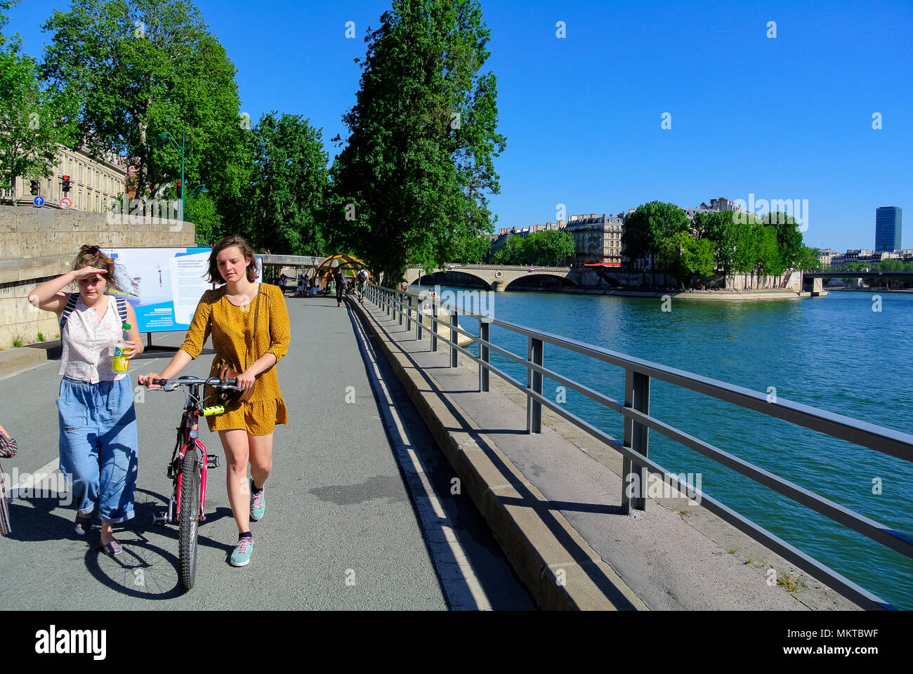 Caucasian females taking for a walk on seine river, paris, france Stock Photo