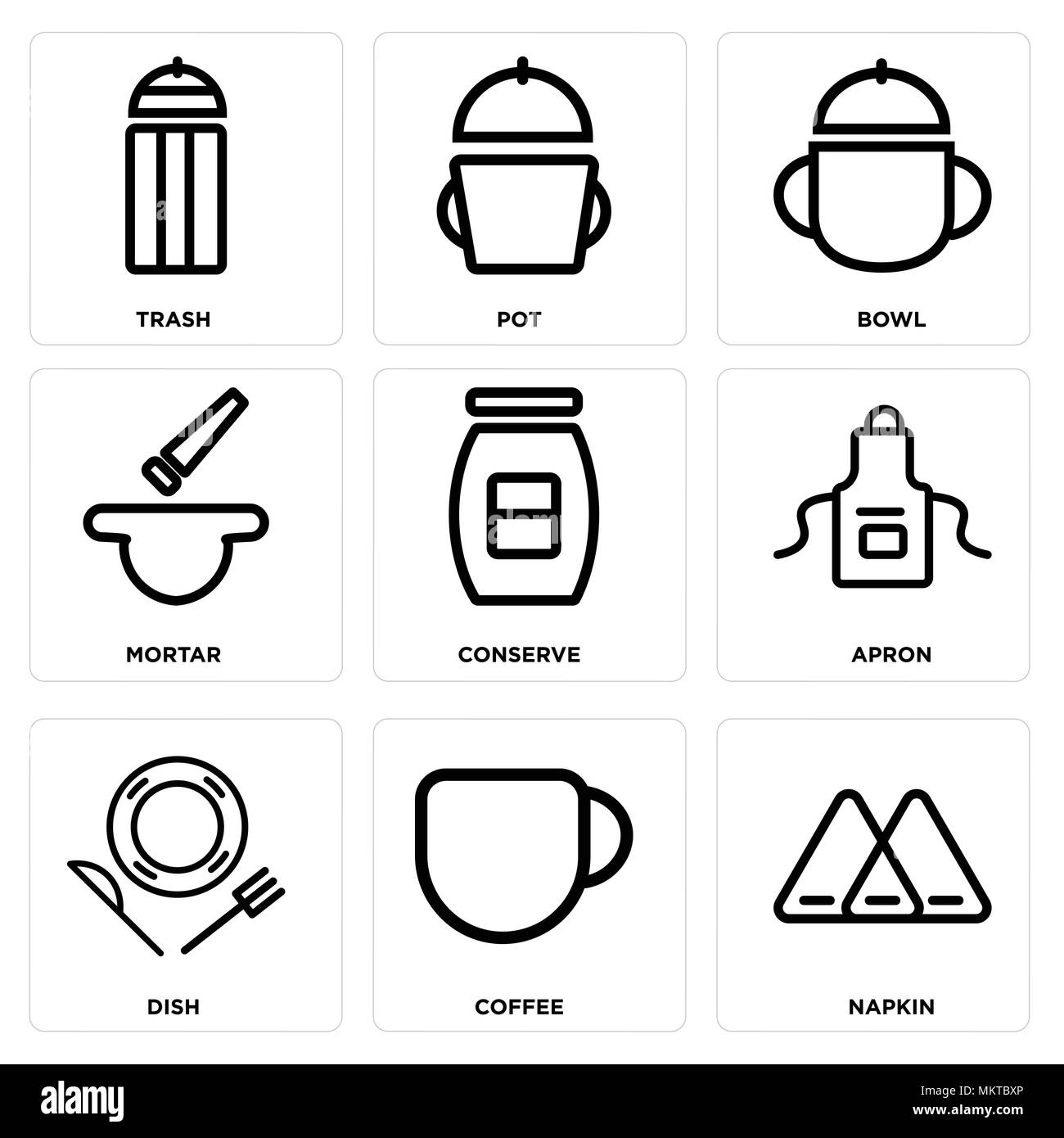 Set Of 9 simple editable icons such as Napkin, Coffee, Dish, Apron, Conserve, Mortar, Bowl, Pot, Trash, can be used for mobile, web Stock Vector
