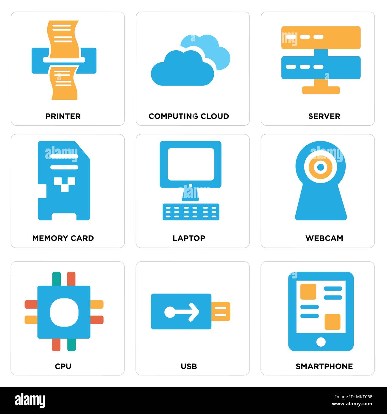Set Of 9 simple editable icons such as Smartphone, Usb, Cpu, Webcam, Laptop, Memory card, Server, Computing cloud, Printer, can be used for mobile, we Stock Vector
