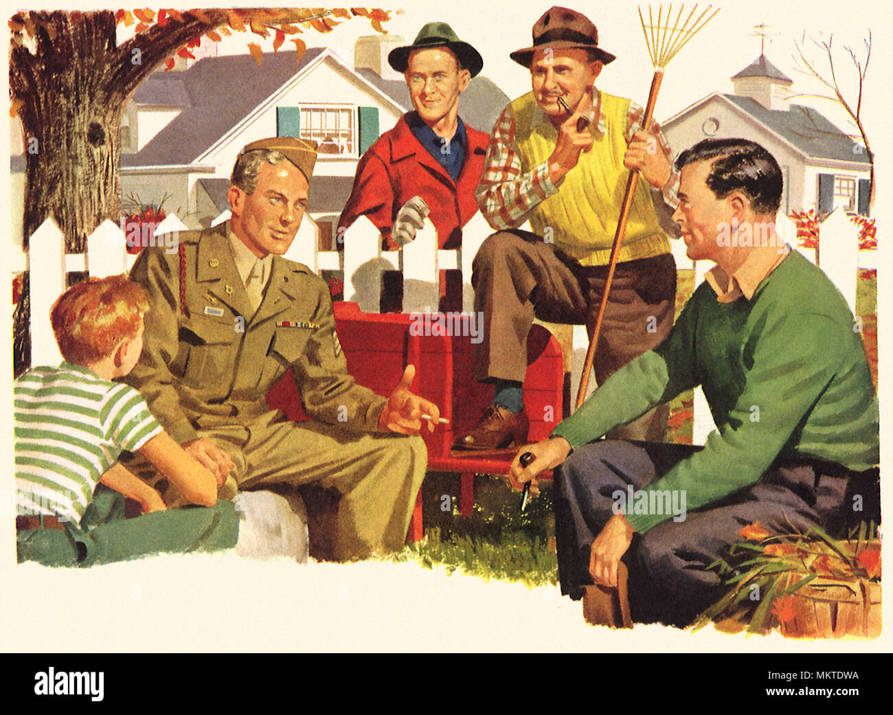 Young G.I. in Uniform talks with Neighbors Stock Photo
