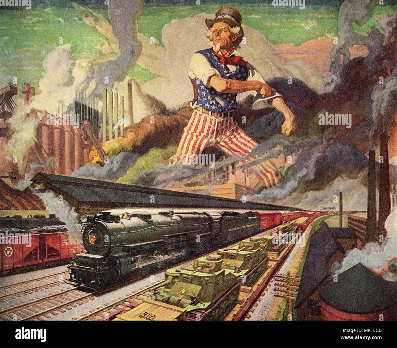 Uncle Sam standing over Railroad, Tanks, and Factories Stock Photo