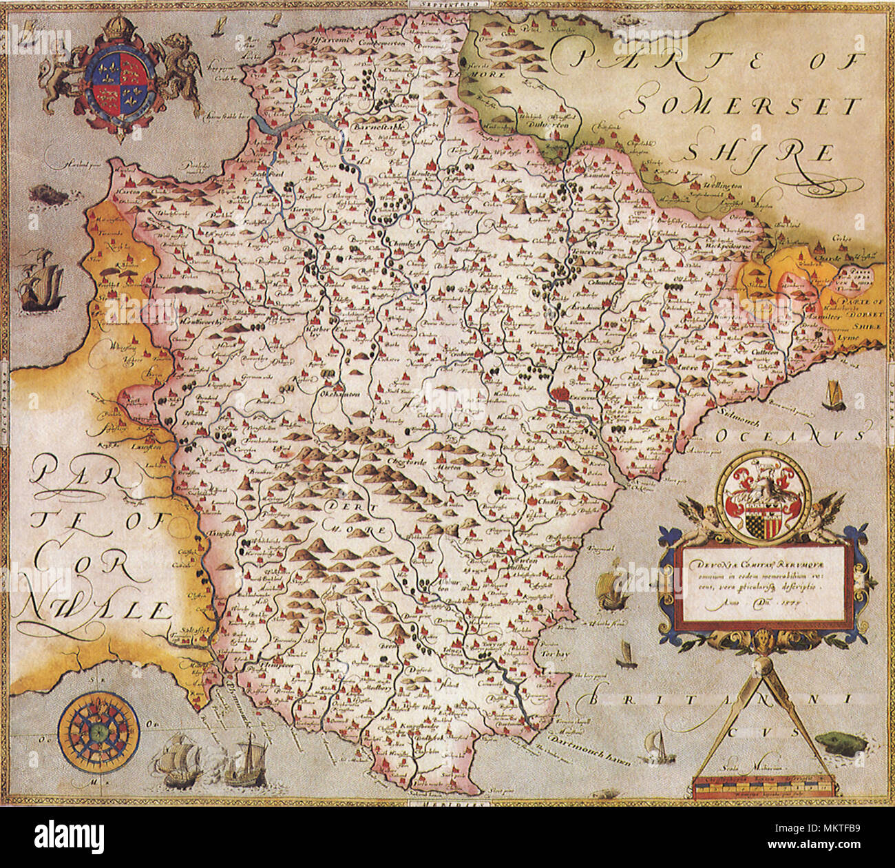 Map of Devonshire, England 1575 Stock Photo