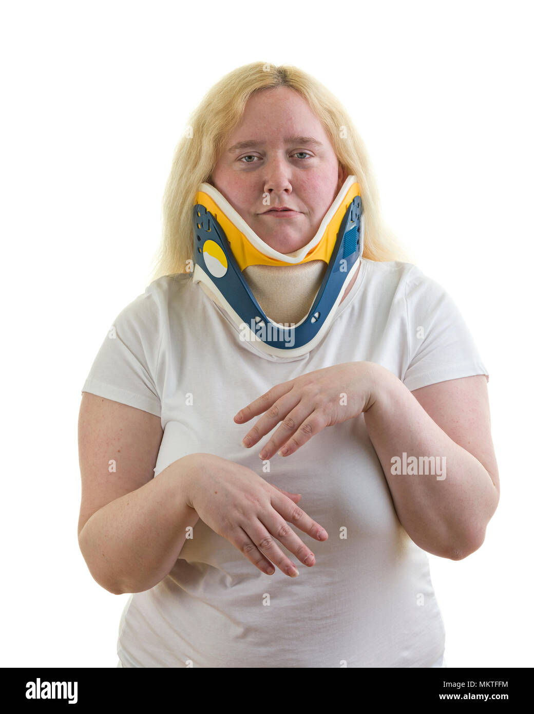 Caucasian blonde adult 30s female woman wearing a cervical collar aka a C  spine collar or neck brace isolated on white background Model Release: Yes  Property Release: No Stock Photo - Alamy
