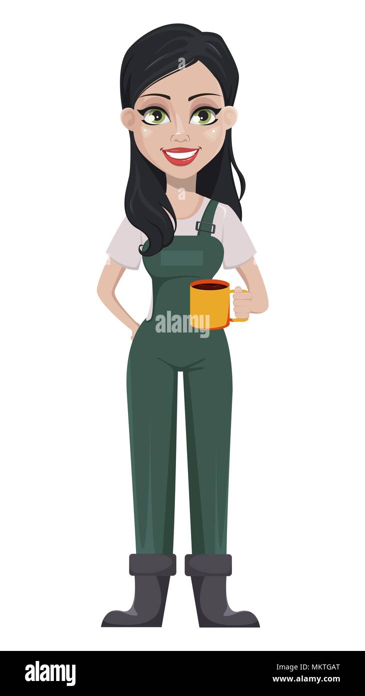 Gardener woman, cartoon character in uniform. Beautiful farmer girl holding  a cup with refreshing drink. Vector illustration on white background Stock  Vector Image & Art - Alamy