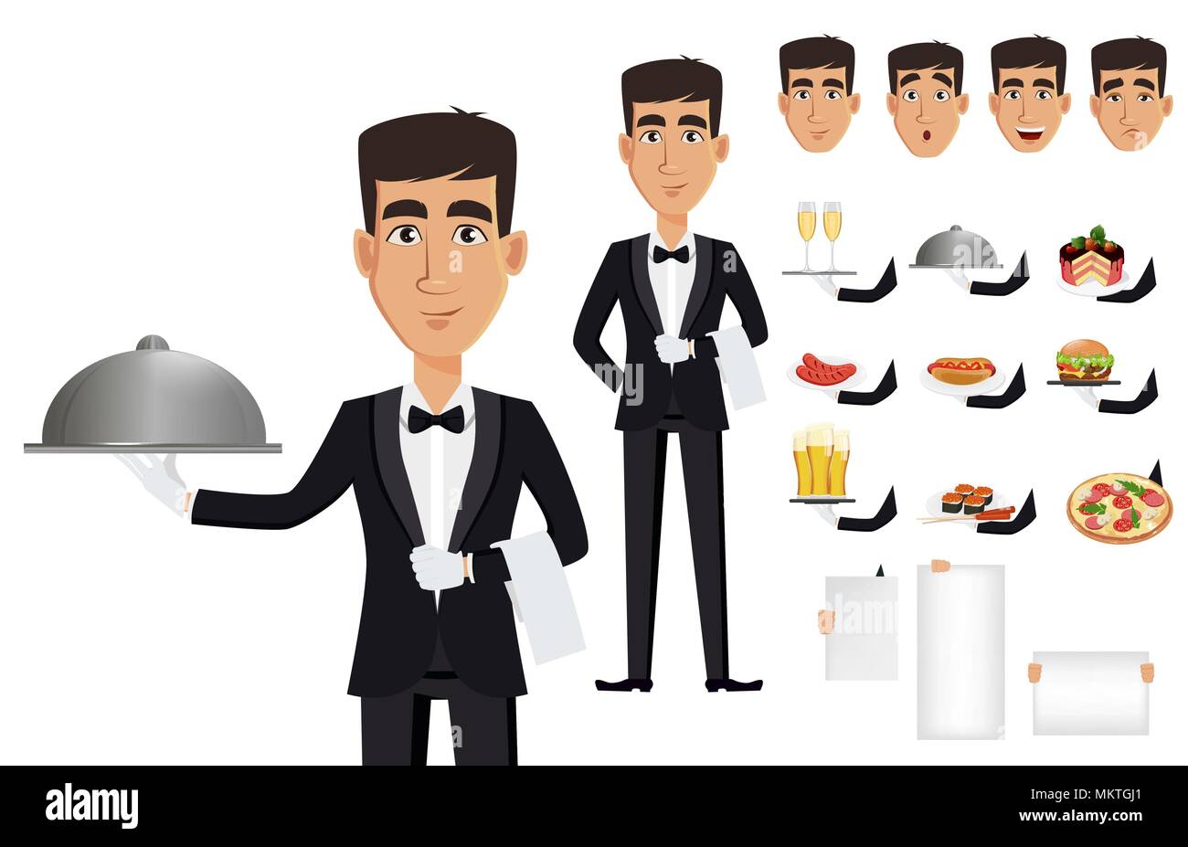 Handsome waiter, cartoon character creation set. Build your own design.  Pack of body parts and emotions. Vector illustration Stock Vector Image &  Art - Alamy