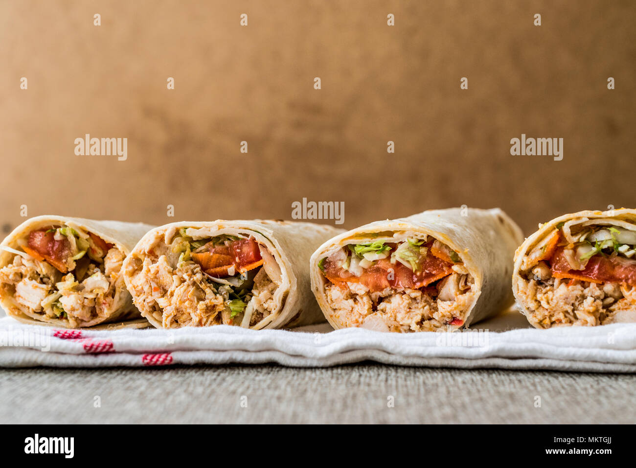 Chicken shawarma durum doner kebab copy space. Fast food concept. Stock Photo