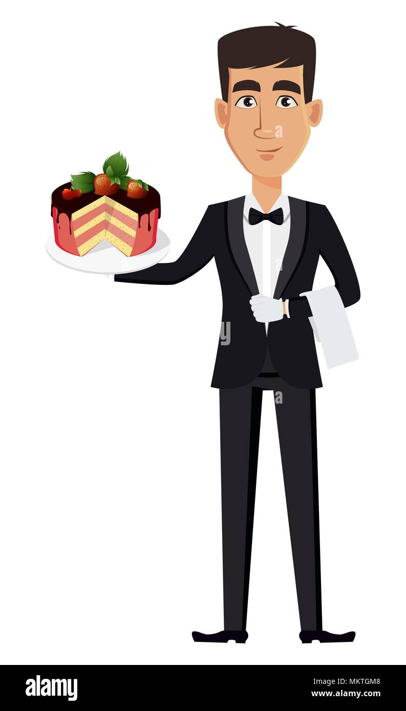 Handsome waiter wearing a professional uniform. Cheerful cartoon character  holding tasty cake. Restaurant staff. Vector illustration Stock Vector  Image & Art - Alamy