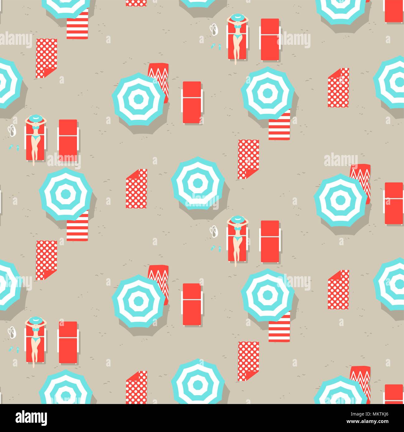 Beach umbrellas top view seamless vector pattern. Stock Vector