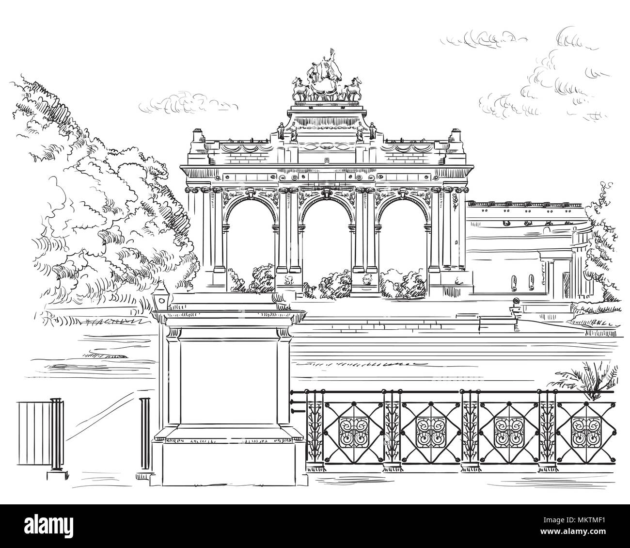 The triumphal arch in the park of the fiftieth anniversary in Brussels (Belgium). Landmark of Brussels.  Vector hand drawing monochrome illustration i Stock Vector