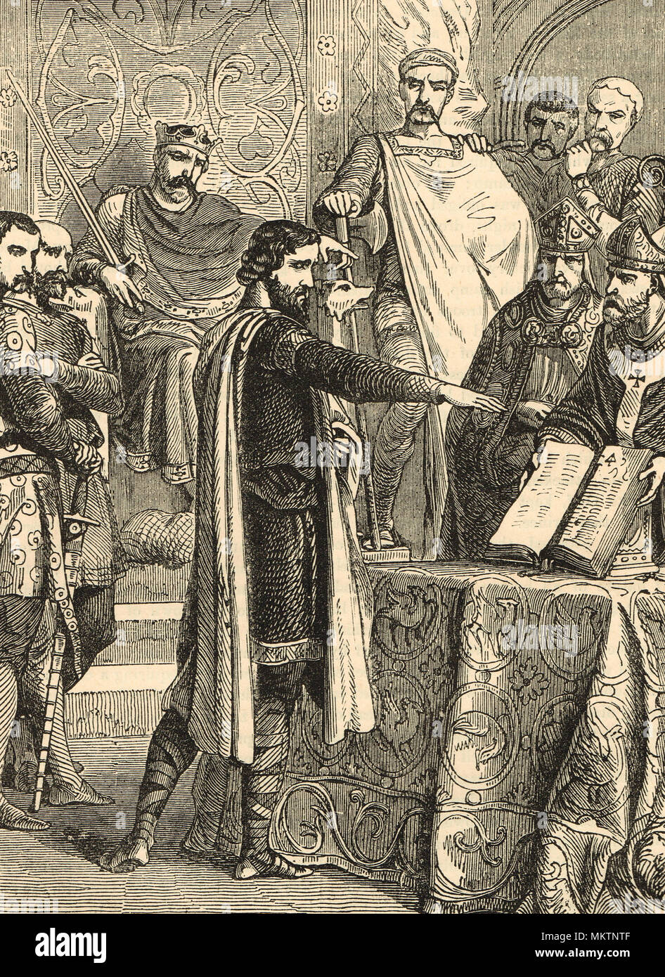 Harold Godwinson (later King Harold II), swearing an oath on sacred relics to support William of Normandy in his claim to the English throne, 1064 Stock Photo