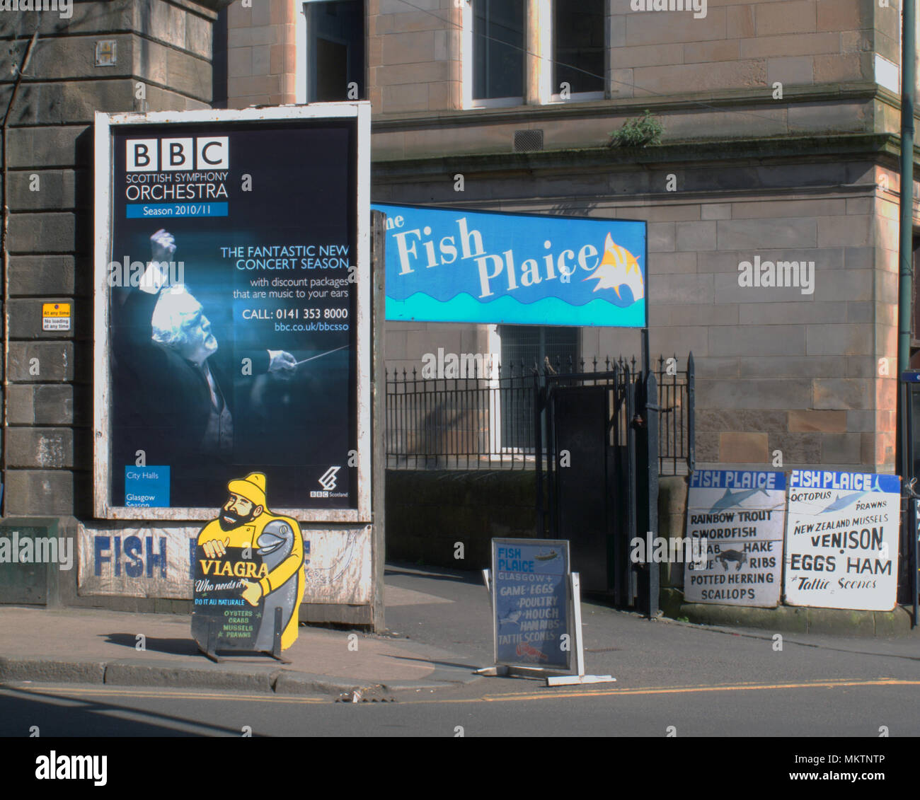 the fish plaice saltmarket glasgow bbc scottish symphony orchestra new season advert Viagra sea food sign nobody copyspace Stock Photo