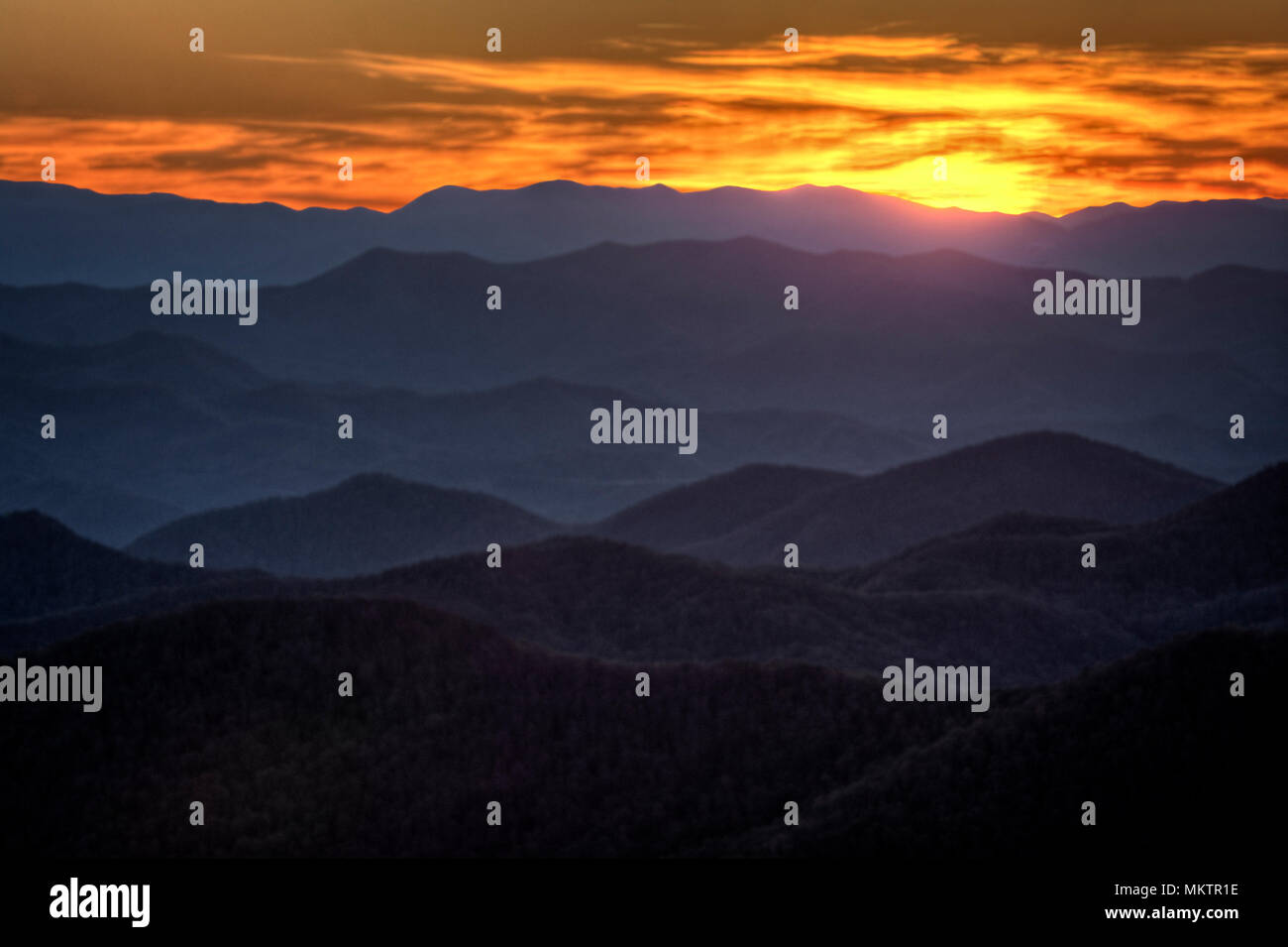 Sunset from the Cowee Mountain overlook on the Blue Ridge Parkway. Stock Photo