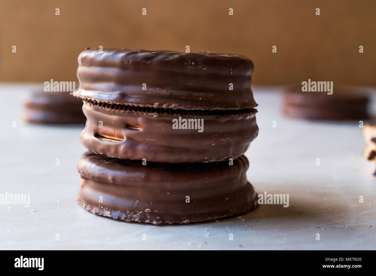 Chocolate Covered Marshmallow Biscuits. Dessert Concept. Stock Photo