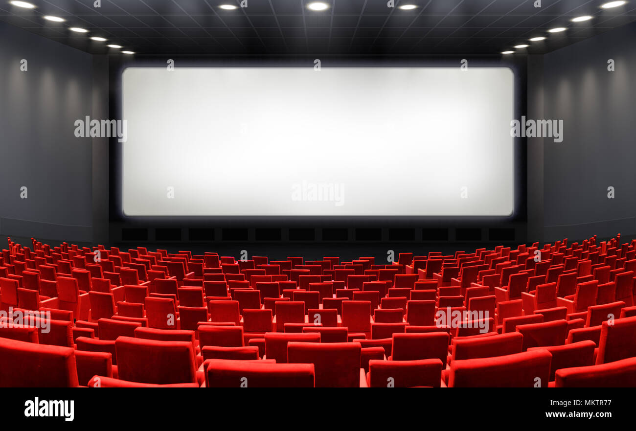 Movie Theater With Blank Screen And Red Seats - Cinema Stock Photo