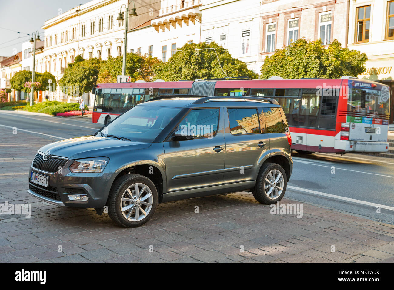 PRESOV, SLOVAKIA - OCTOBER 01, 2017: Hlavna street with parked new Skopda Yeti car in Old Town. It is a city in Eastern Slovakia, third largest city i Stock Photo