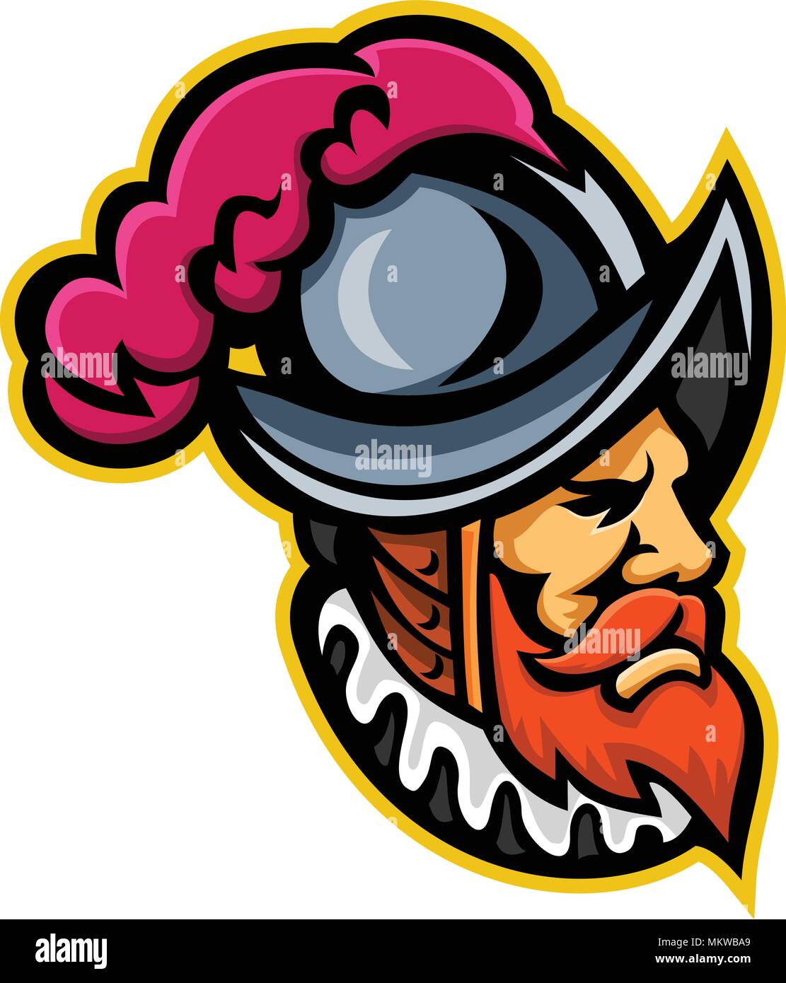 Mascot icon illustration of head of a Spanish Conquistador wearing a morion, type of open helmet hat used from the middle 16th to early 17th centuries Stock Vector