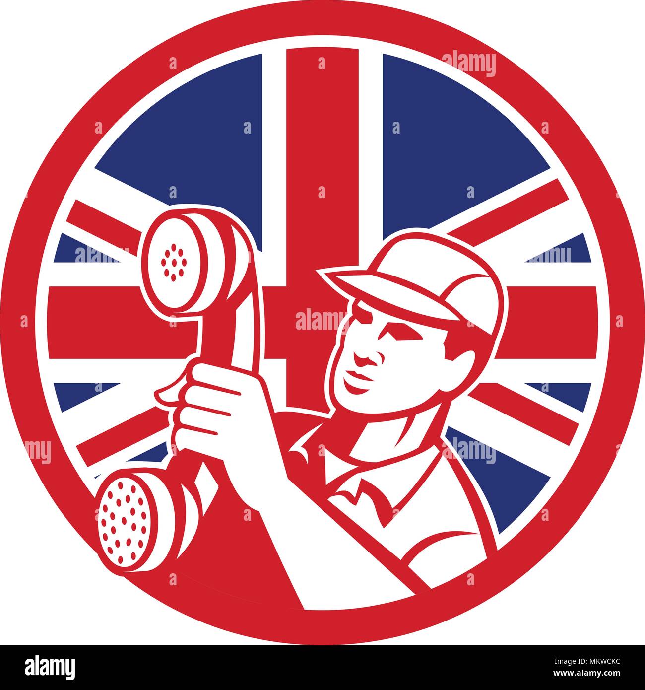 Icon retro style illustration of a British  telephone installation repair technician or  repairman holding phone  with United Kingdom UK, Great Britai Stock Vector