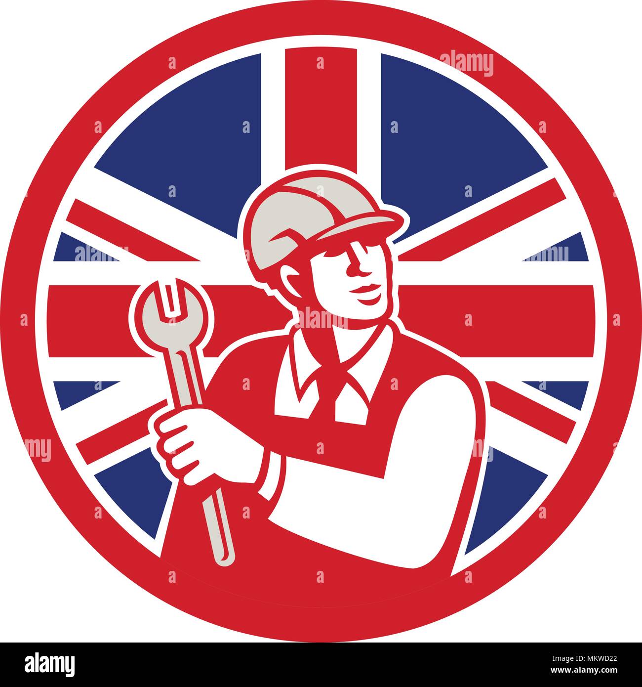 Icon retro style illustration of a British mechanical engineer holding a spanner or wrench with United Kingdom UK, Great Britain Union Jack flag set i Stock Vector