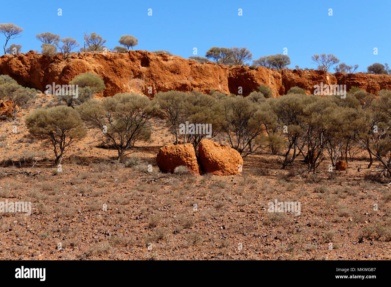 Red Granite and tree landscape, Eastern Goldfields, Western Australia ...