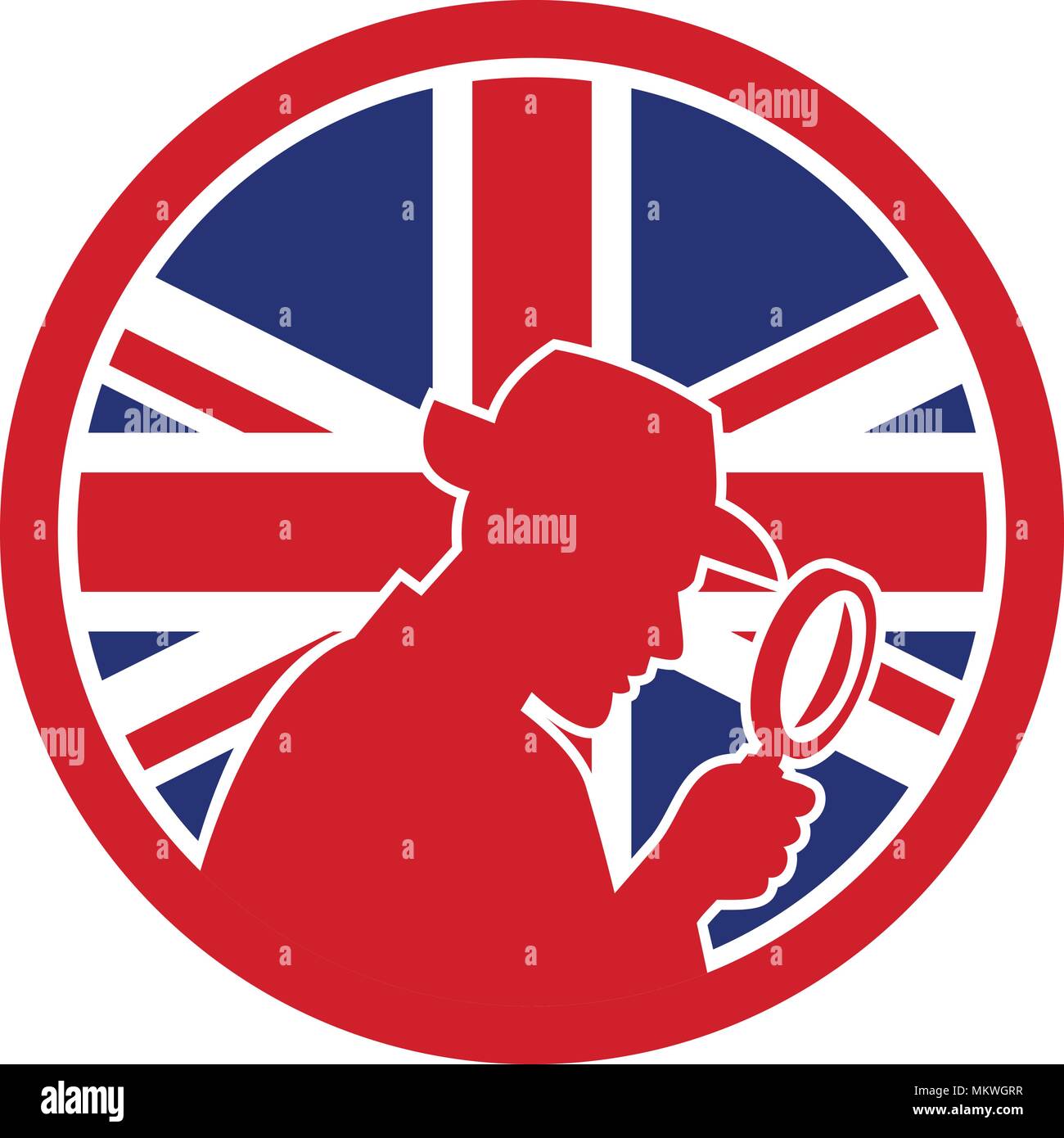 Icon retro style illustration of a British private investigator silhouette with magnifying glass   United Kingdom UK, Great Britain Union Jack flag. Stock Vector