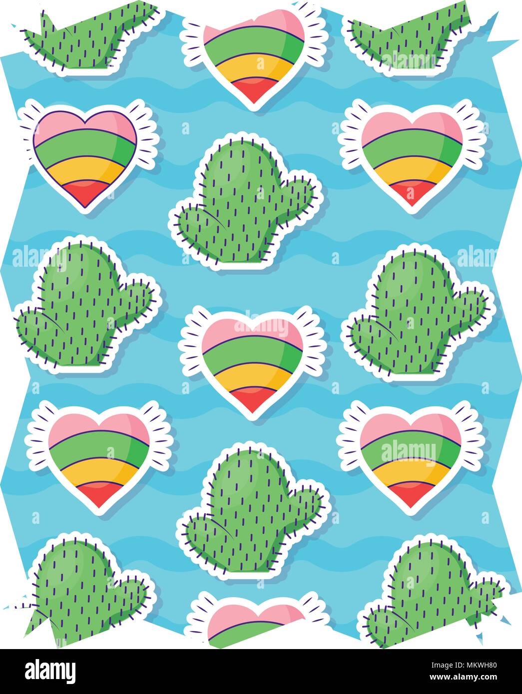 abstract frame with cactus and hearts pattern over white background, colorful design. vector illustration Stock Vector