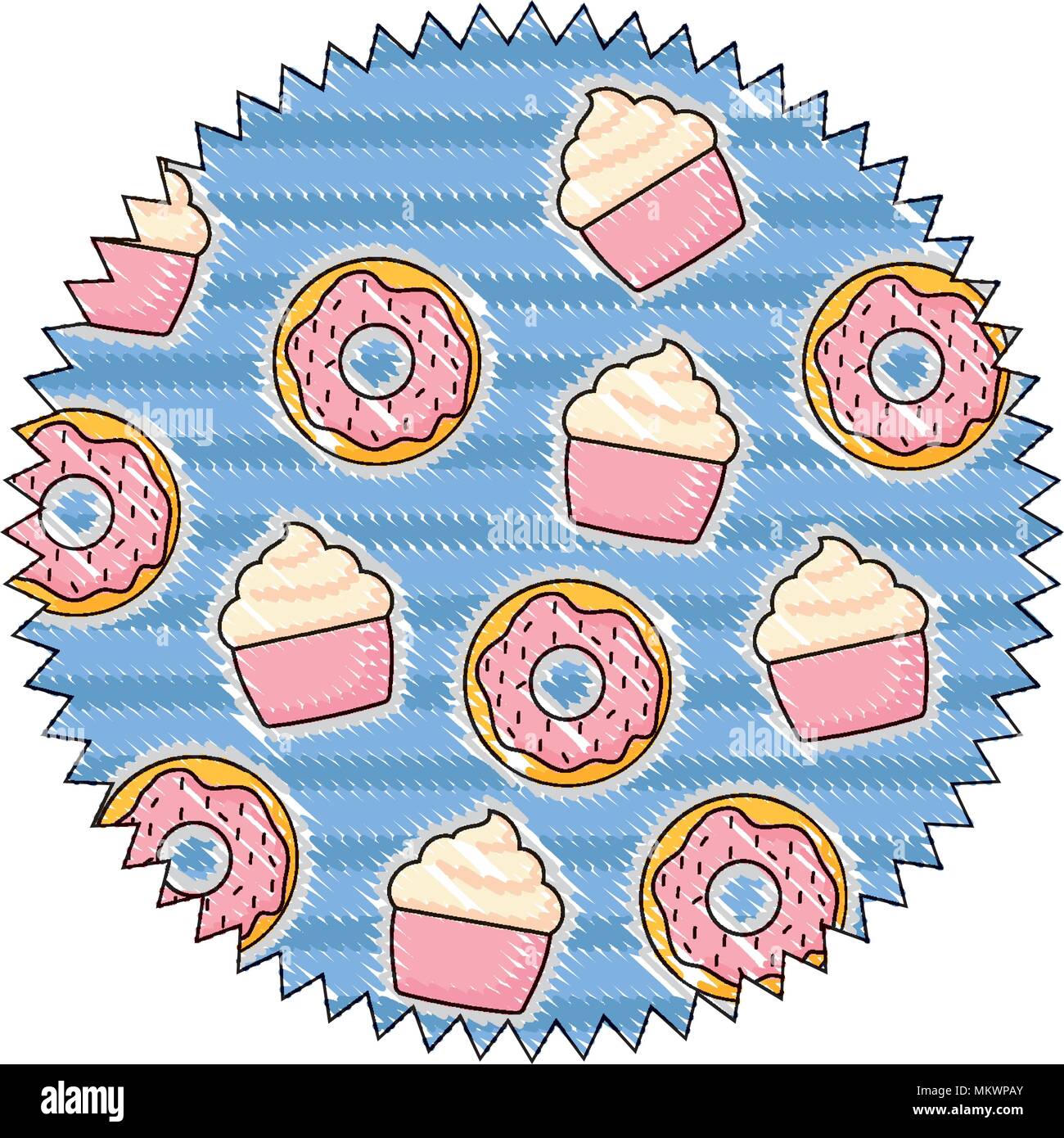 seal stamp with donuts pattern over white background, colorful design