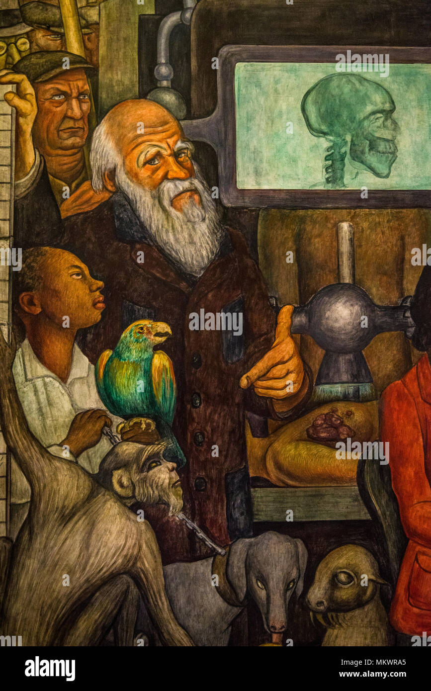 Charles Darwin in the Mural by Diego Rivera 'Man at the Crossroads' or 'Man, Controller of the Universe' made in 1934, Palacio de Bellas Artes (Palace Stock Photo