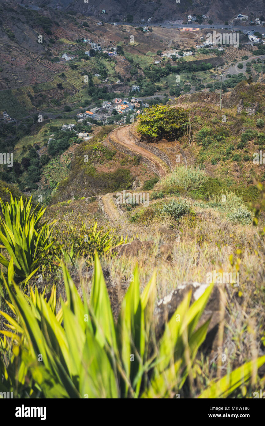 Steep trekking path going from Corda down the canyon to Coculi. Santo Antao Island, Cape Verde Cabo Verde Stock Photo