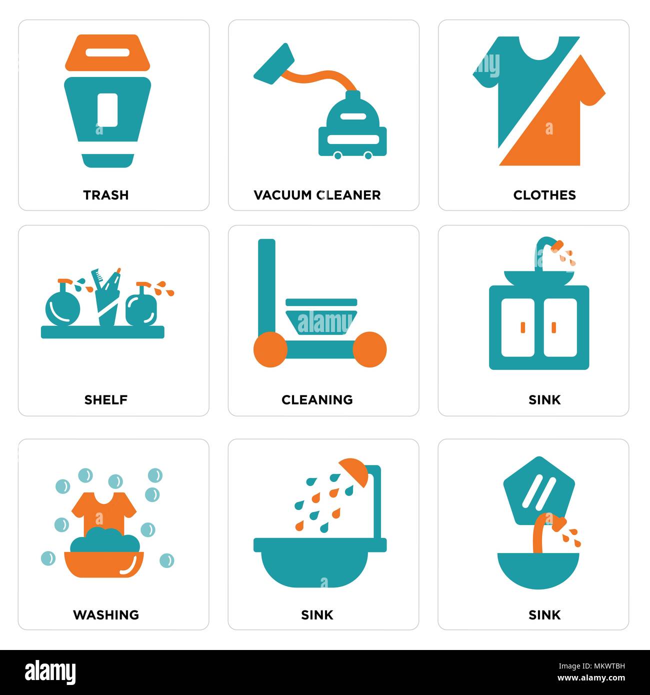 Set Of 9 simple editable icons such as Sink, Washing, Cleaning, Shelf, Clothes, Vacuum cleaner, Trash, can be used for mobile, web Stock Vector