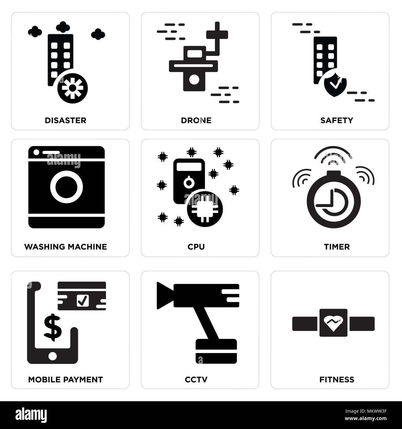 Set Of 9 simple editable icons such as Fitness, Cctv, Mobile payment, Timer, Cpu, Washing machine, Safety, Drone, Disaster, can be used for mobile, we Stock Vector