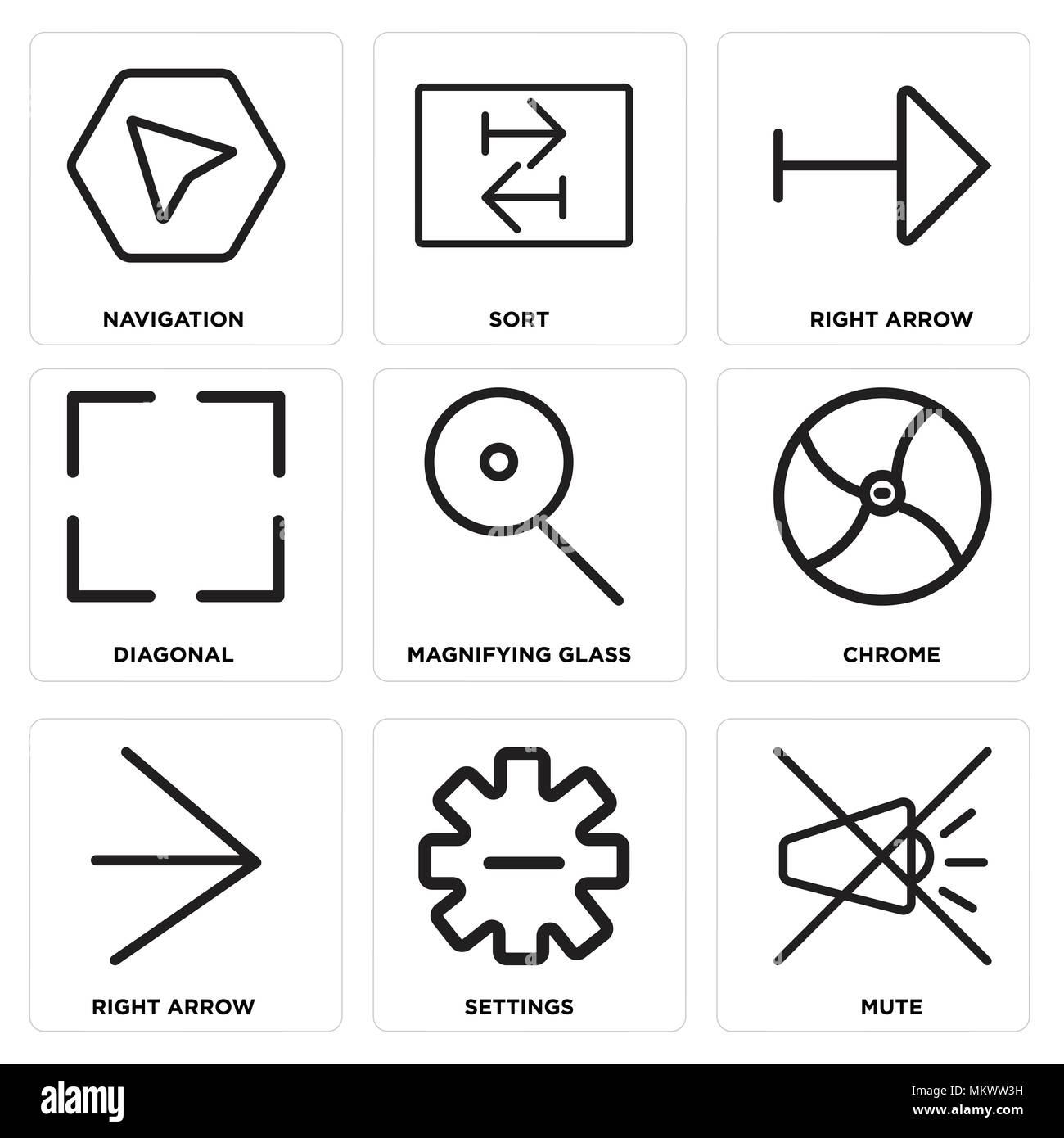 Set Of 9 simple editable icons such as Mute, Settings, Right arrow, Chrome, Magnifying glass, Diagonal, Sort, Navigation, can be used for mobile, web Stock Vector