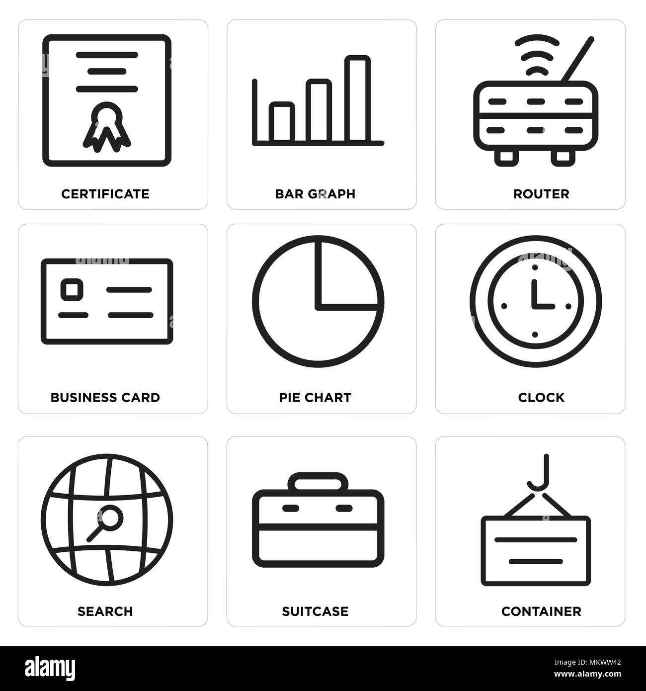 Set Of 9 simple editable icons such as Container, Suitcase, Search, Clock, Pie chart, Business card, Router, Bar graph, Certificate, can be used for m Stock Vector