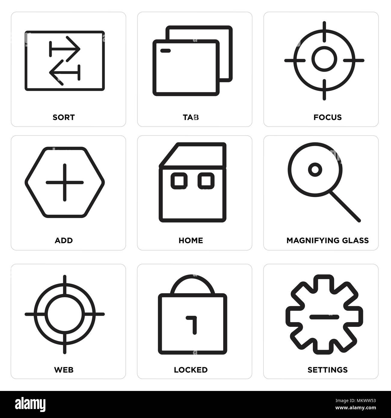 Set Of 9 simple editable icons such as Settings, Locked, Web ...