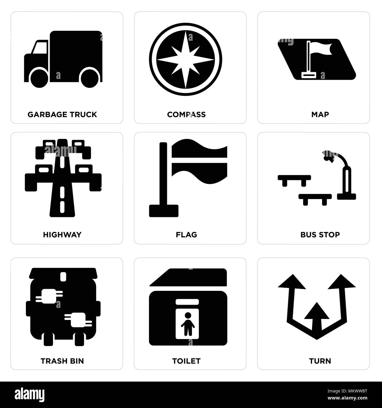 Set Of 9 simple editable icons such as Turn, Toilet, Trash bin, Bus stop, Flag, Highway, Map, Compass, Garbage truck, can be used for mobile, web Stock Vector