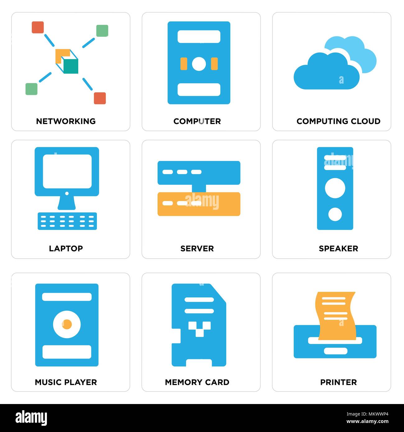 Set Of 9 simple editable icons such as Printer, Memory card, Music player, Speaker, Server, Laptop, Computing cloud, Computer, Networking, can be used Stock Vector