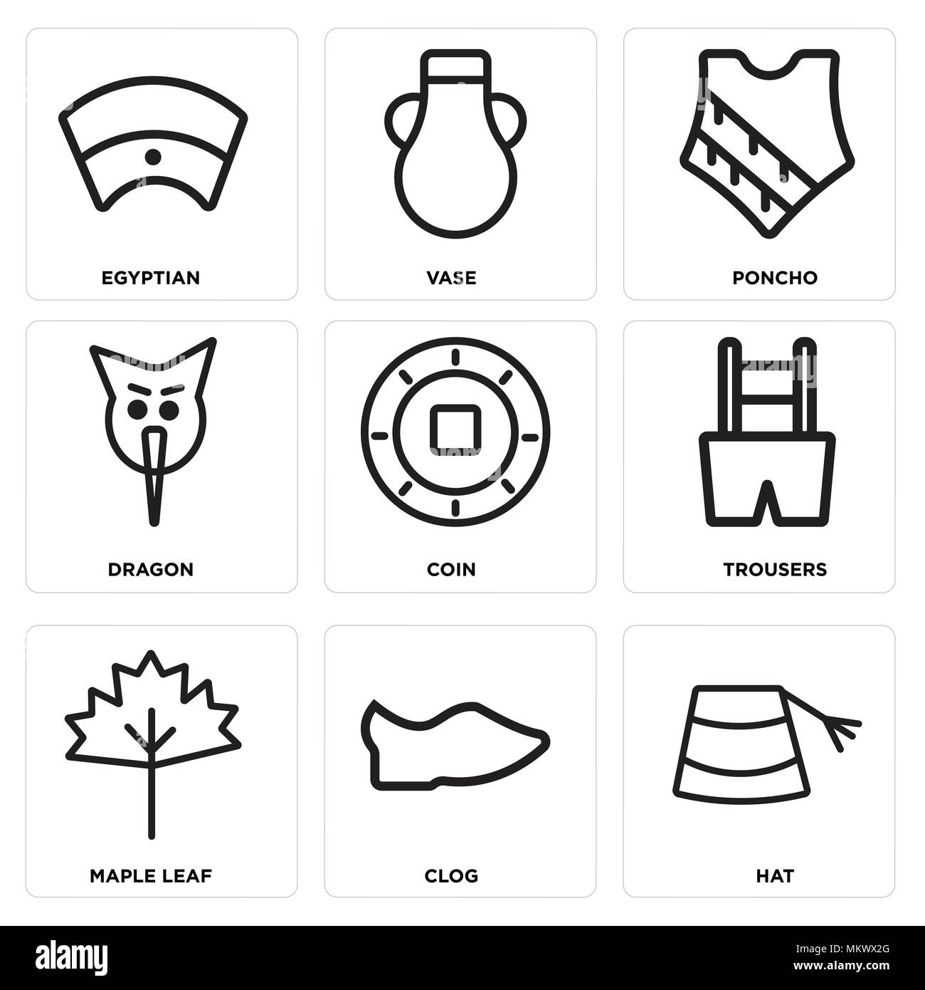 Set Of 9 simple editable icons such as Hat, Clog, Maple leaf, Trousers, Coin, Dragon, Poncho, Vase, Egyptian, can be used for mobile, web Stock Vector