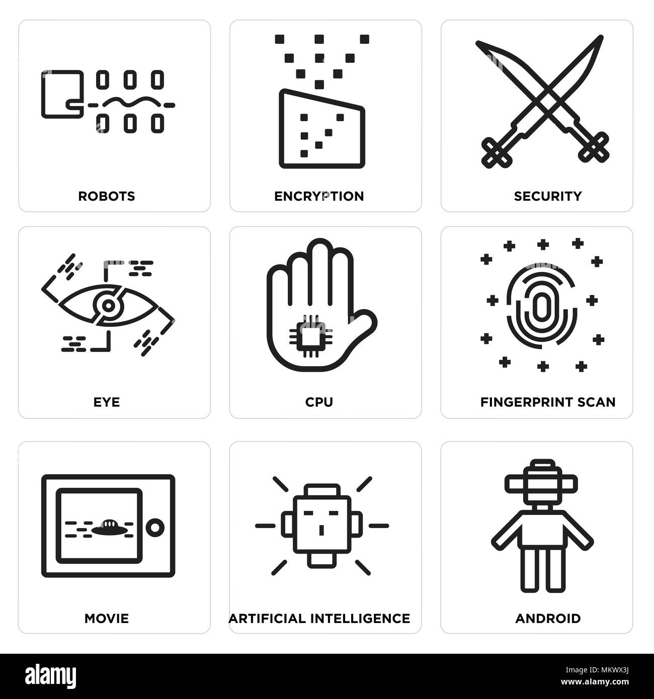 Set Of 9 simple editable icons such as Android, Artificial intelligence,  Movie, Fingerprint scan, Cpu, Eye, Security, Encryption, Robots, can be  used Stock Vector Image & Art - Alamy