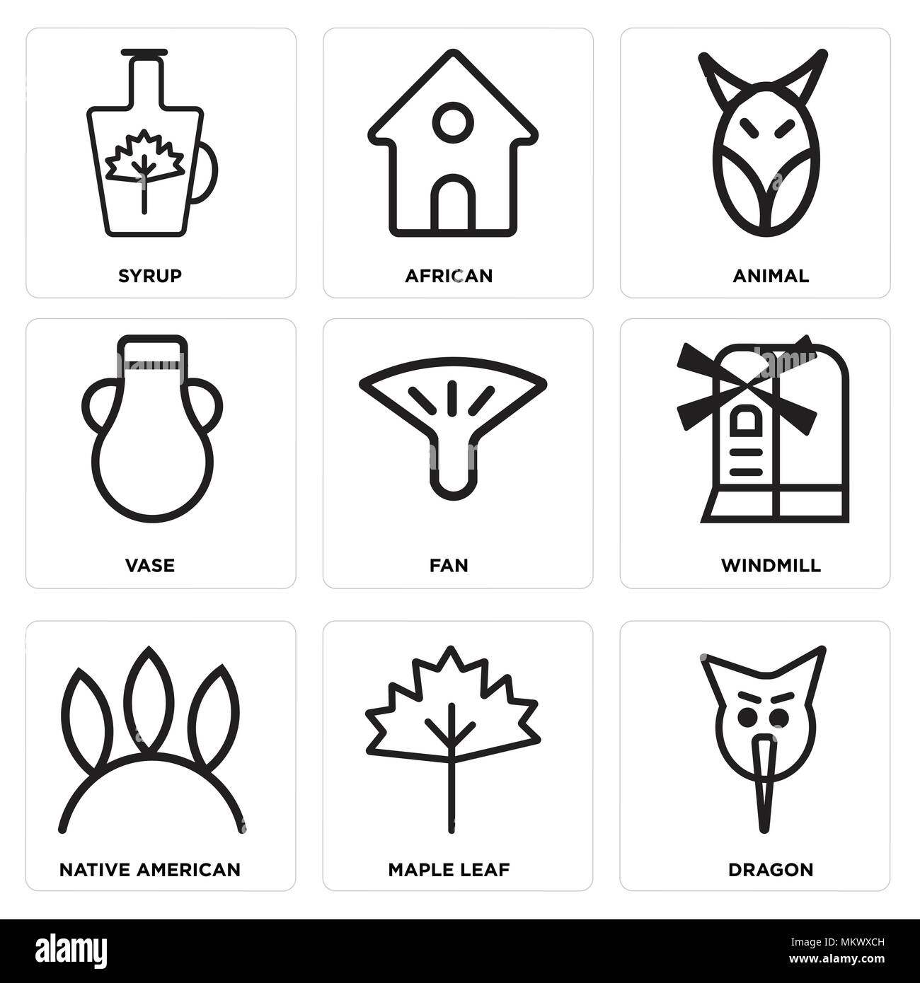 Set Of 9 simple editable icons such as Dragon, Maple leaf, Native american, Windmill, Fan, Vase, Animal, African, Syrup, can be used for mobile, web Stock Vector