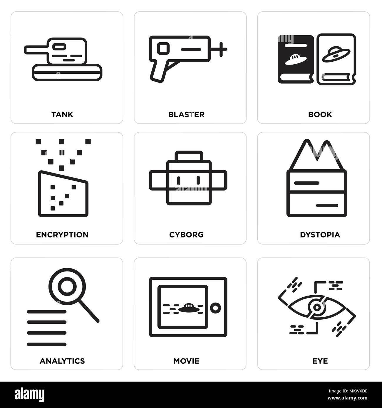 Set Of 9 simple editable icons such as Eye, Movie, Analytics, Dystopia, Cyborg, Encryption, Book, Blaster, Tank, can be used for mobile, web Stock Vector