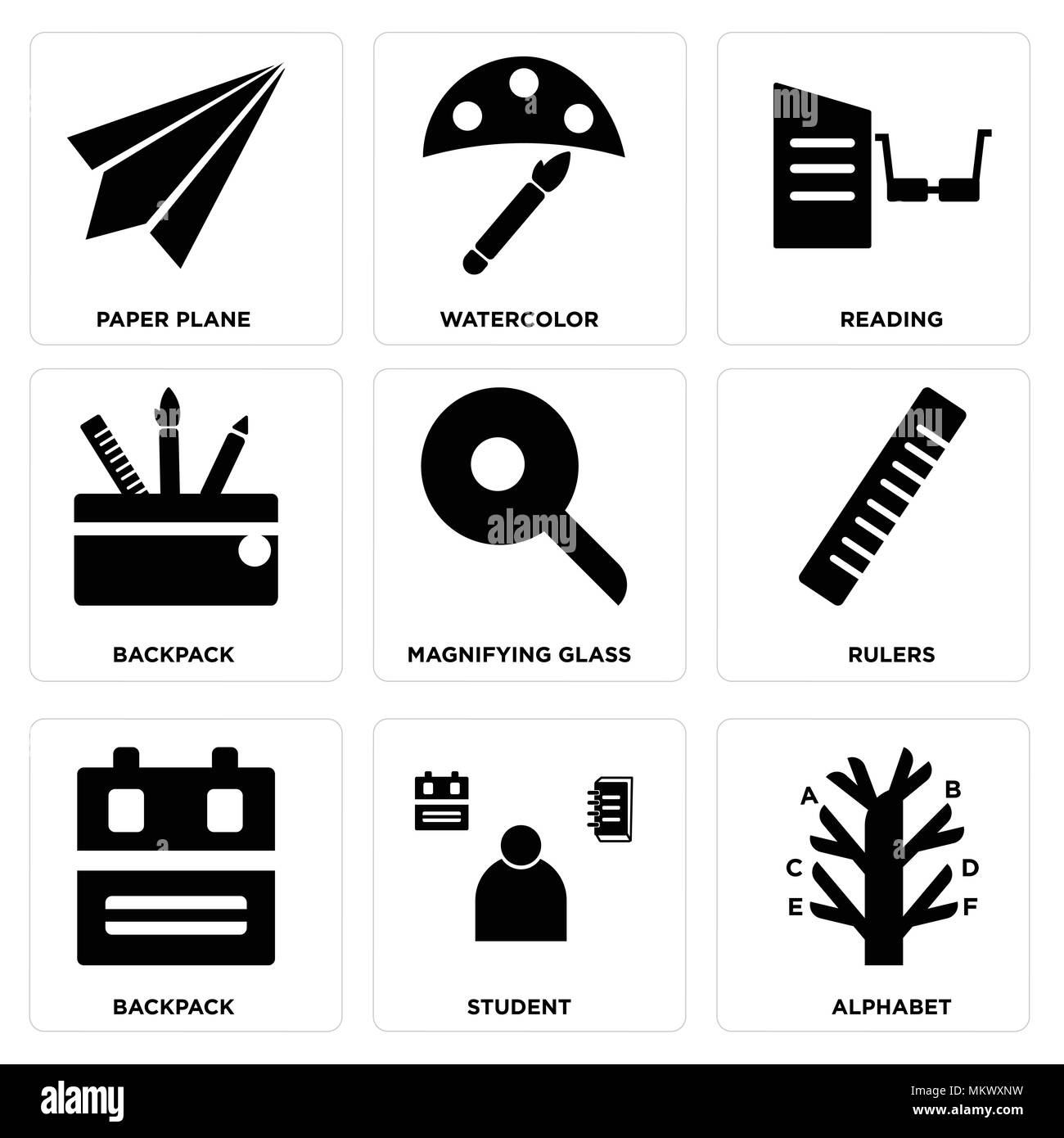 Set Of 9 simple editable icons such as Alphabet, Student, Backpack ...