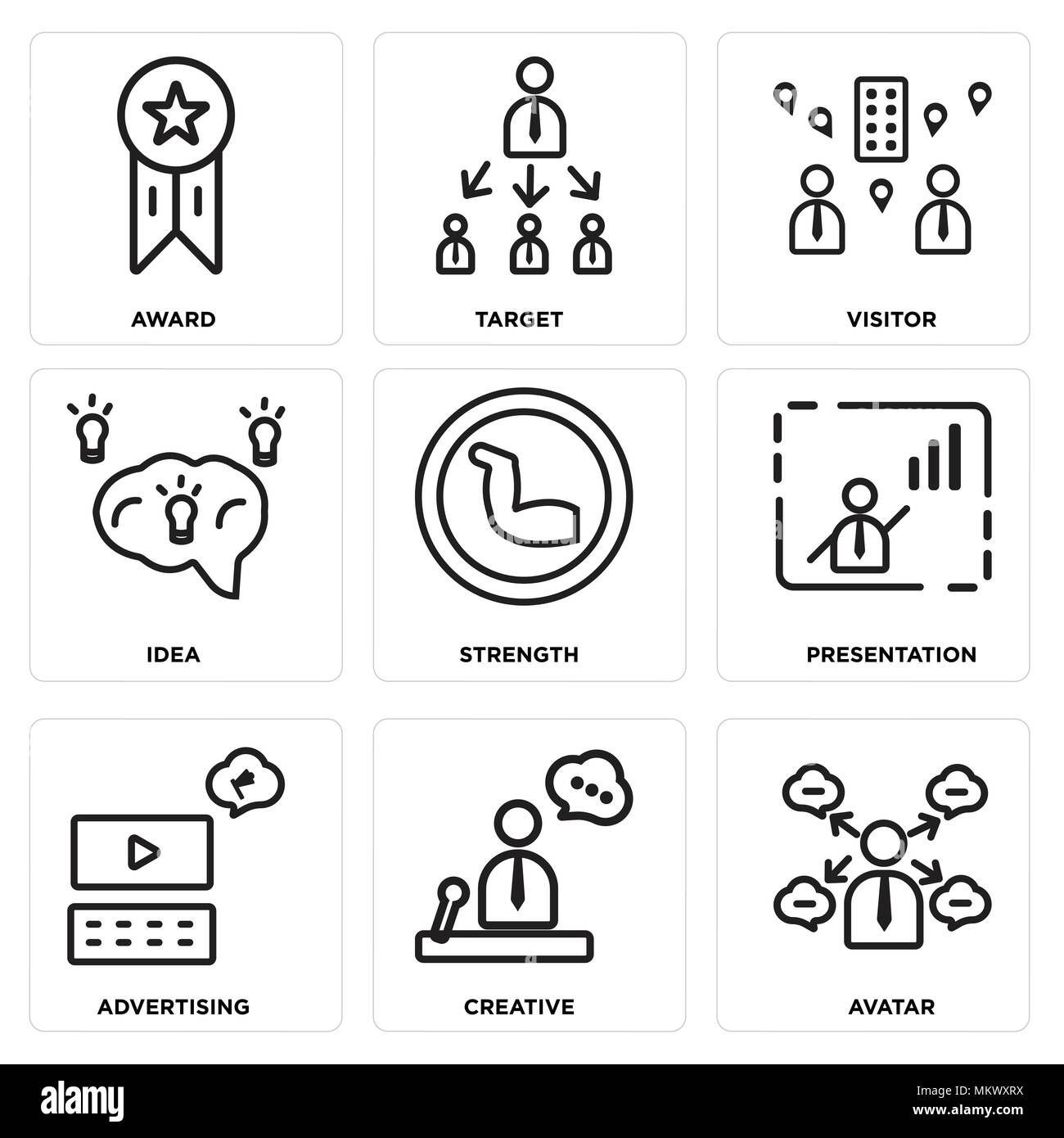 Set Of 9 simple editable icons such as Avatar, Creative, Advertising, Presentation, Strength, Idea, Visitor, Target, Award, can be used for mobile, we Stock Vector