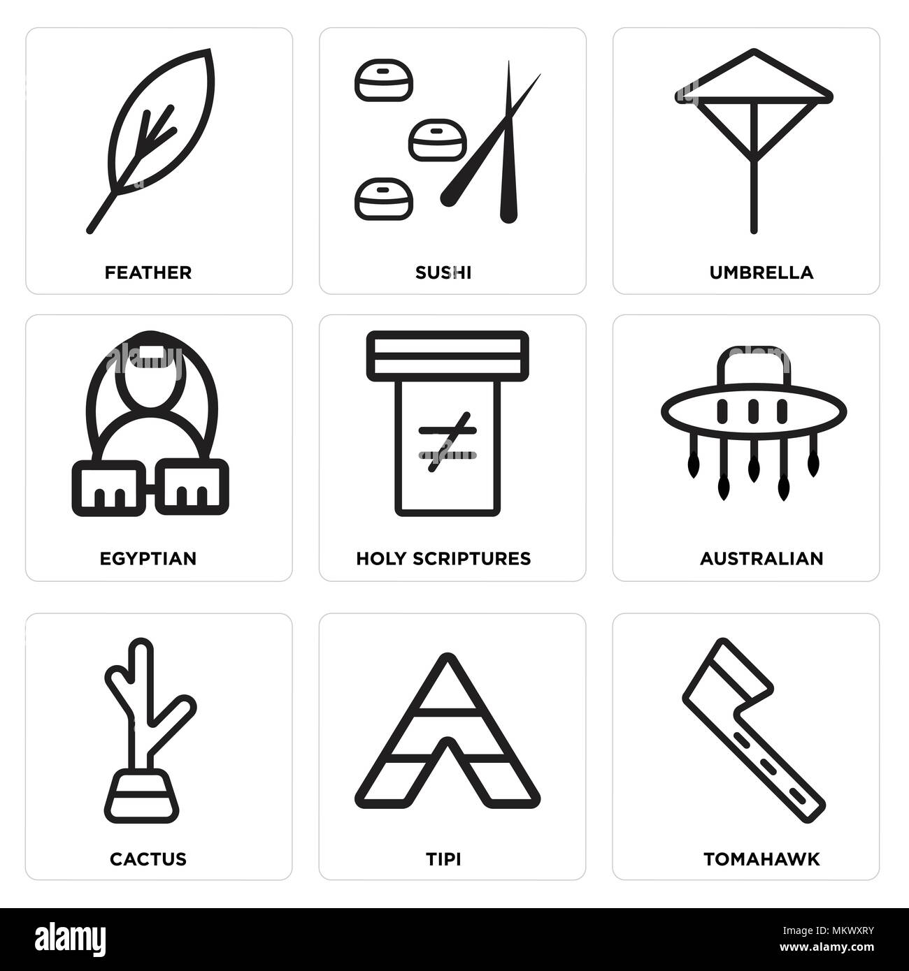 Set Of 9 simple editable icons such as Tomahawk, Tipi, Cactus, Australian, Holy scriptures, Egyptian, Umbrella, Sushi, Feather, can be used for mobile Stock Vector