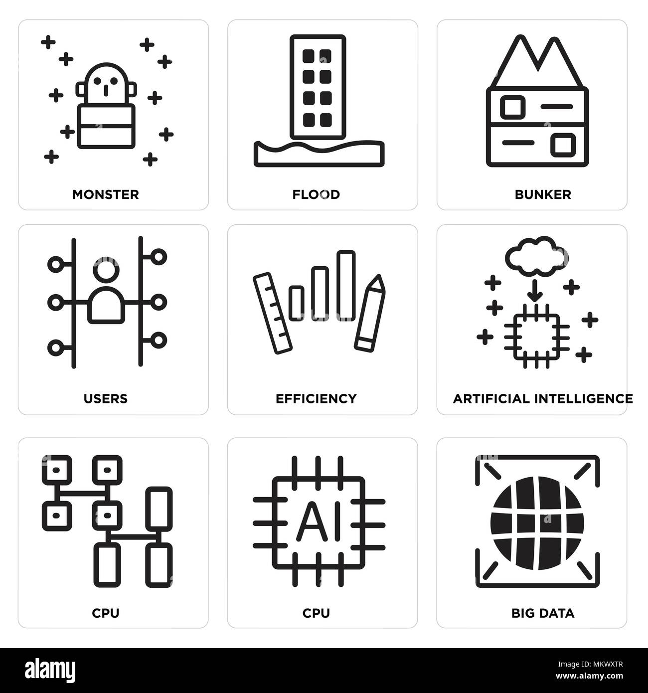 Set Of 9 simple editable icons such as Big data, Cpu, Artificial intelligence, Efficiency, Users, Bunker, Flood, Monster, can be used for mobile, web Stock Vector