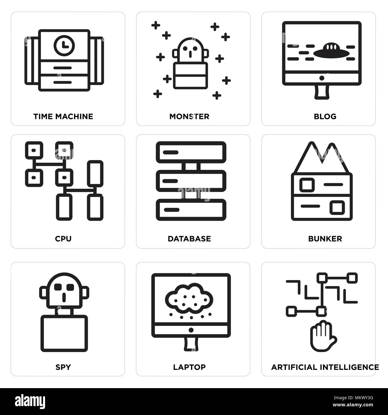 Set Of 9 simple editable icons such as Artificial intelligence, Laptop, Spy, Bunker, Database, Cpu, Blog, Monster, Time machine, can be used for mobil Stock Vector